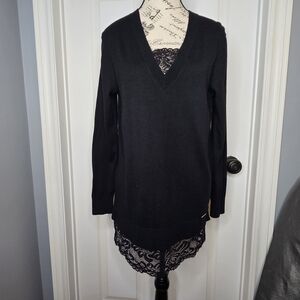 Michael Kors Black Knit Sweater Lightweight V-Neck Lace Trim Women's Size M